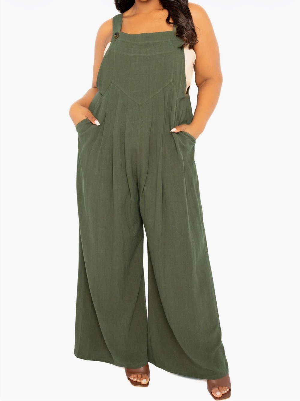 Buxom Couture Wide‑Leg Linen Blend Jumpsuit Olive Green Women’s 1X Breezy Modern
